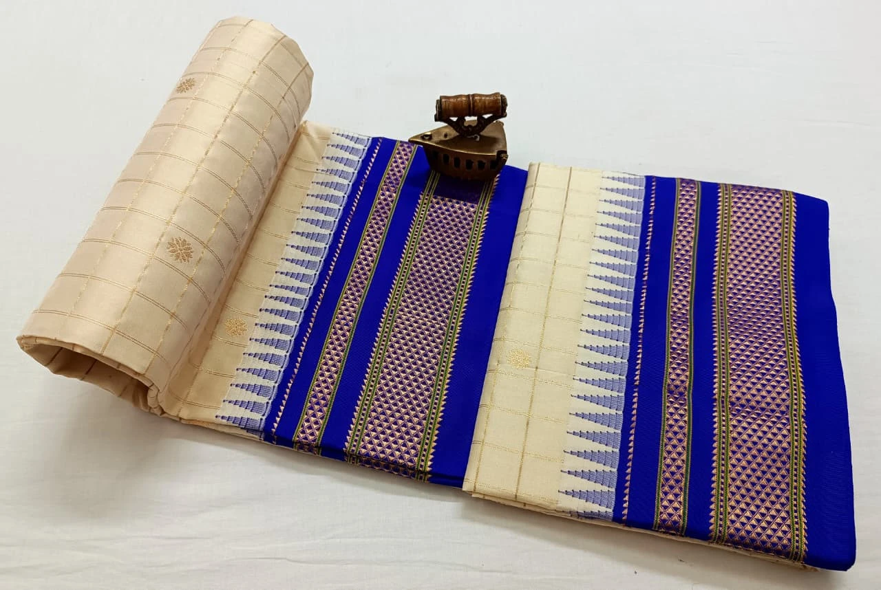 Pure Ilkaal Checks saree in Ivory & Royal Blue with zari border and traditional woven patterns