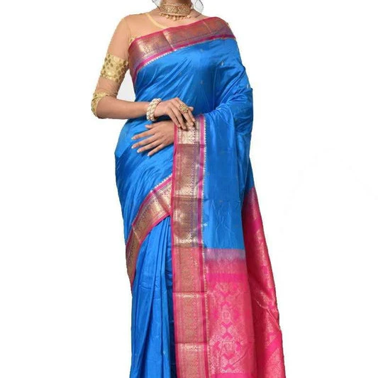 Ananda Blue with Pink Contrast Traditional Kanchipuram Pure Silk Saree