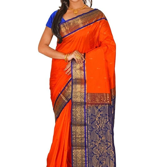 Traditional Kanchipuram Pure Silk Saree in Bright Orange with Royal Blue Contrast 