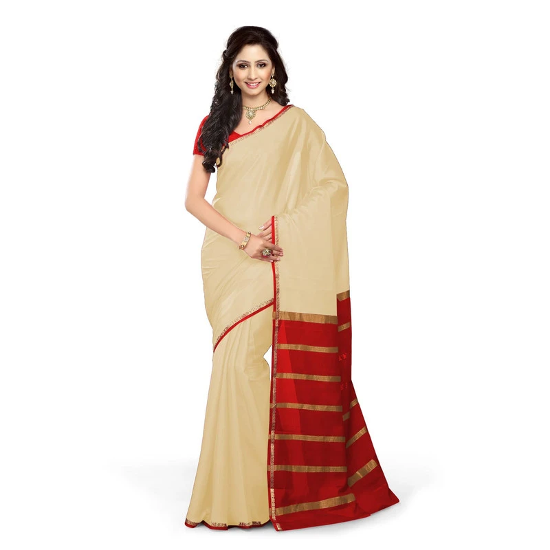 Tussar Cream with Orange  Contrast Onam Special Pure Mysore Silk Handwoven saree