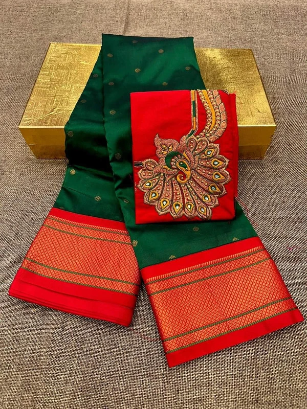 Dark Green & Red Semi Silk Paithani Saree with Peacock Embroidery Blouse