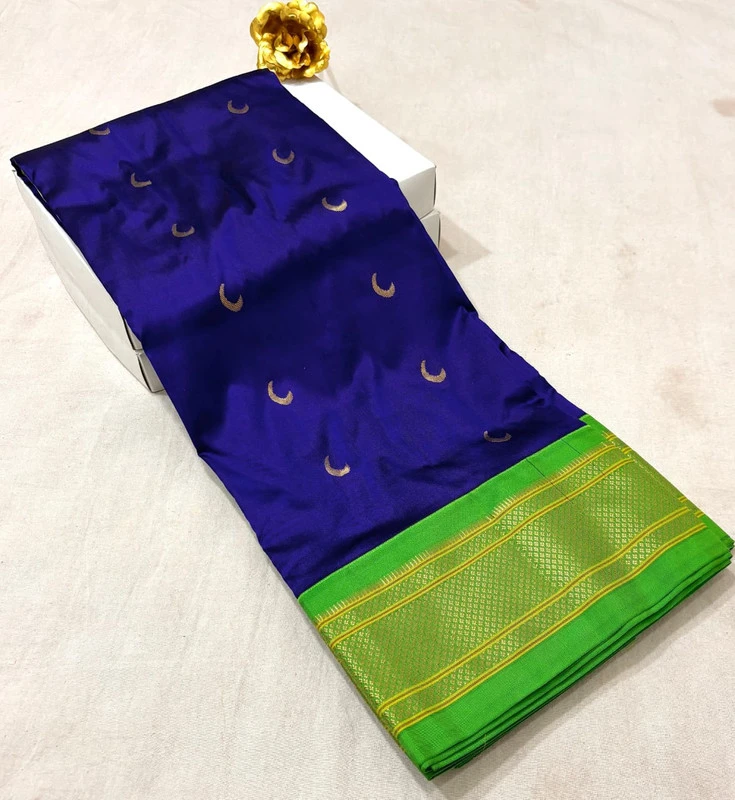 Royal Blue with Green Border Paithani Pure Silk Saree with Meena Butta weaving and traditional zari border