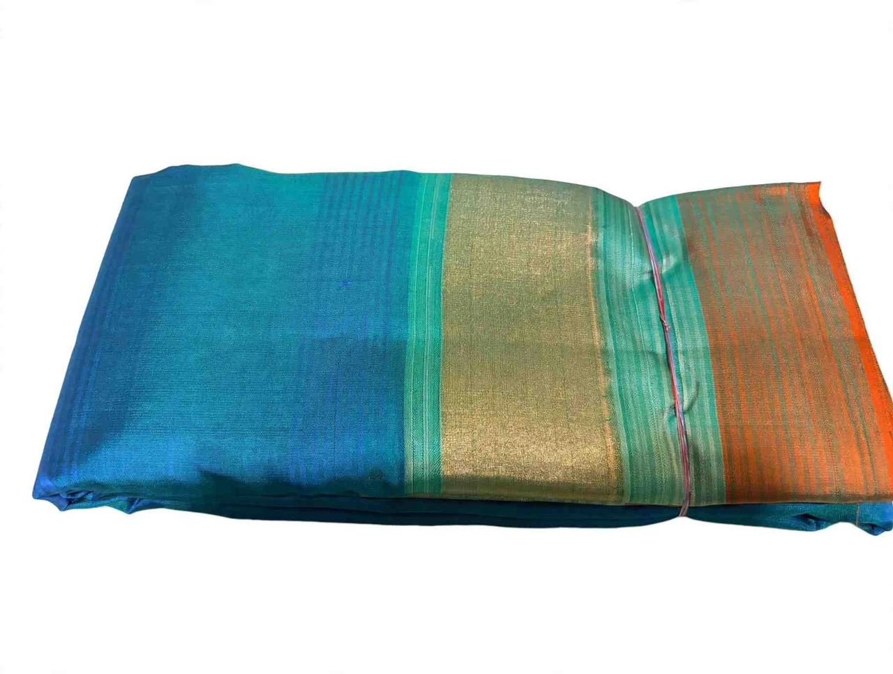 Teal Blue with Gold and Copper Zari Pure Kanchipuram Silk Handloom Saree | Korvai Border | Gold Zari | Silk Mark with Blouse - FabFashionz