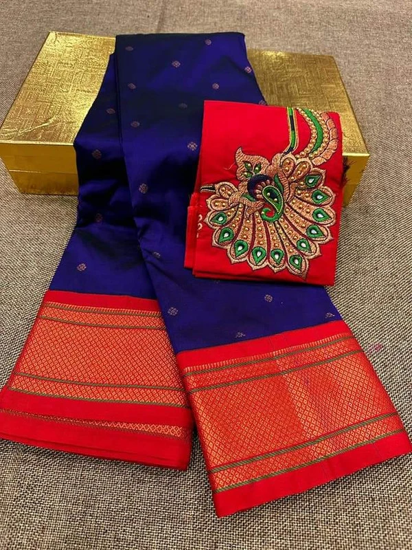 Navy & Red Semi Silk Paithani Saree with Peacock Embroidery Blouse