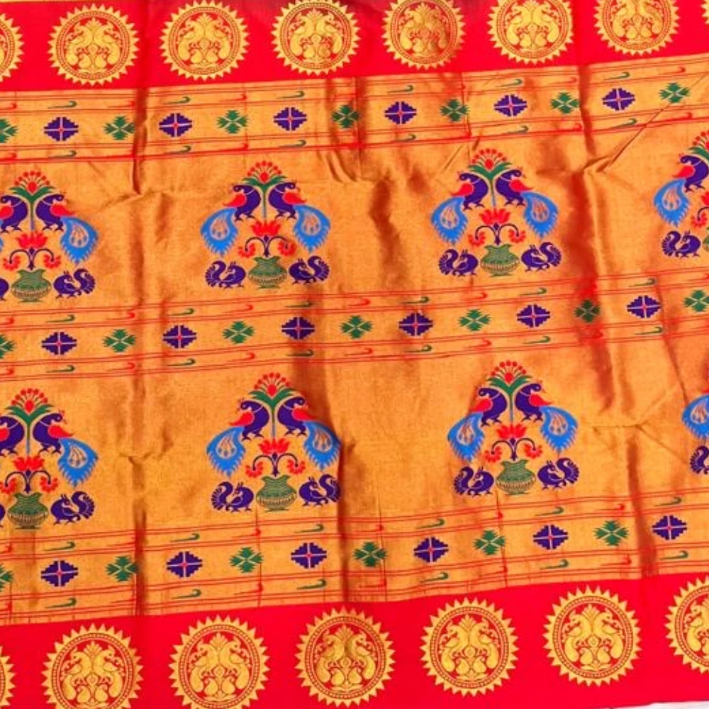 Navy Blue Pure Silk Paithani Saree with Gold Lotus Buti & Vibrant Red Zari Border