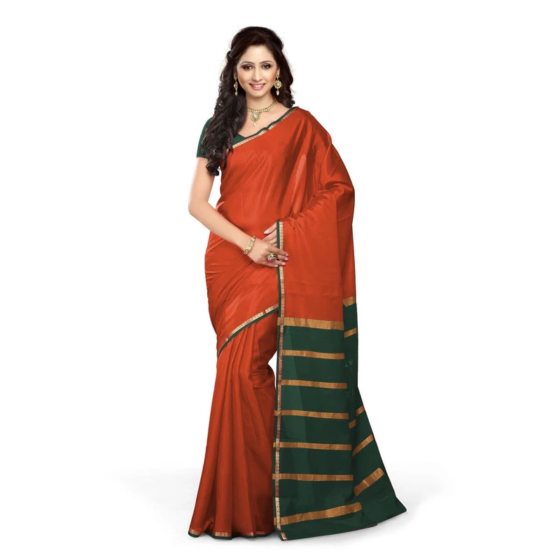 Pure Mysore Silk saree in Orange and  Bottle Green Contrast Mango Border