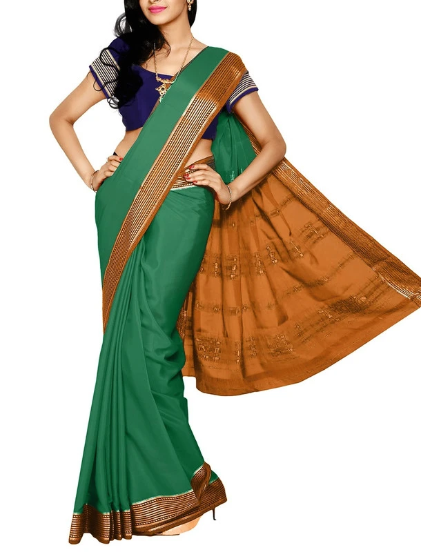 Leaf Green with Orange Contrast MultiLine Border Premium Quality Pure Mysore Silk Saree