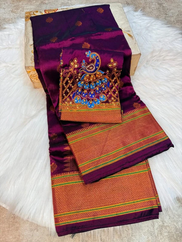 Magenta Self Color Semi Silk Paithani Saree with Peacock Embroidery Designer Blouse