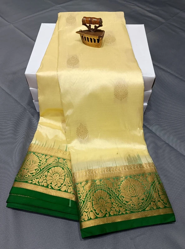 Pastel Yellow Green Border Exclusive Kanchipuram Silk Saree