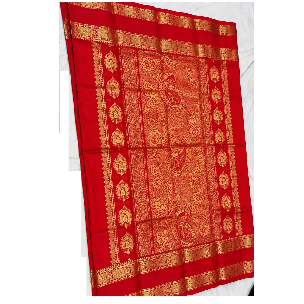 Royal Blue and Red Kanchipuram silk saree with Bentex border and golden motifs