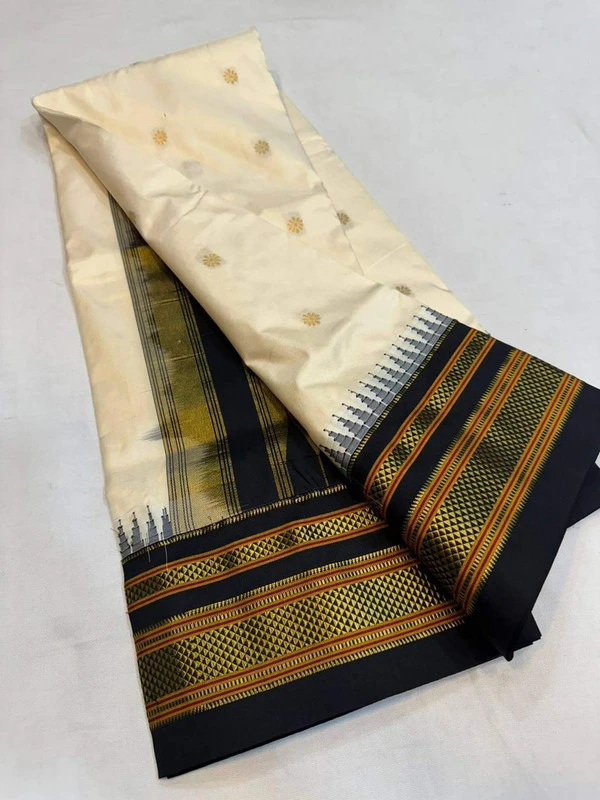 Off White and Black Border - Traditional Handwoven Ilkaal Butta Saree