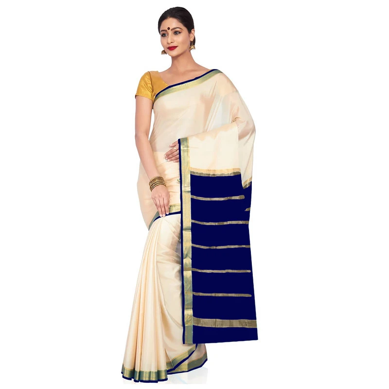 Tussar Cream with Royal Blue  Contrast Onam Special Pure Mysore Silk Handwoven saree