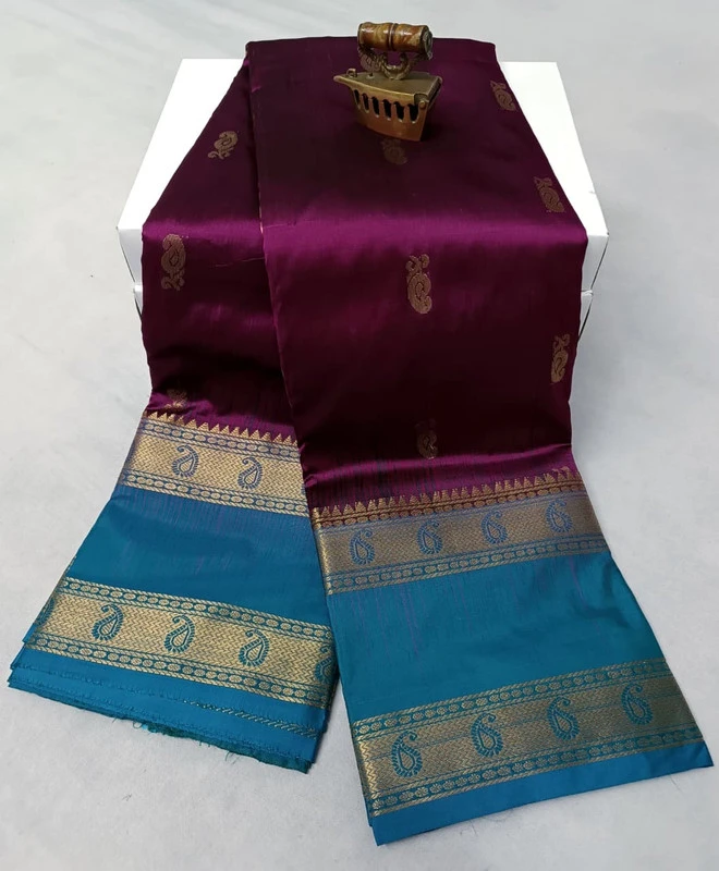 Maroon and Blue Kanchipuram silk saree with Bentex border and golden motifs