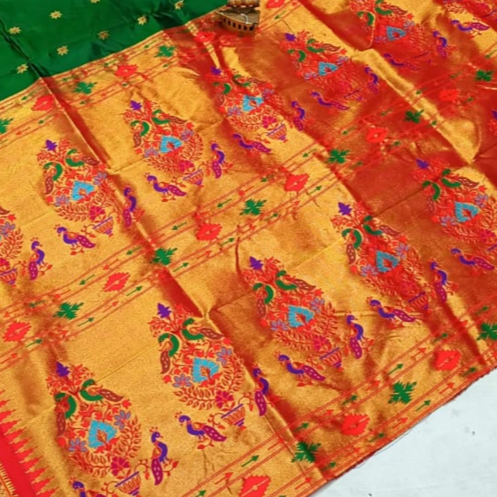 Royal Blue with Pink Border Paithani Pure Silk Saree with Meena Butta weaving and traditional zari border