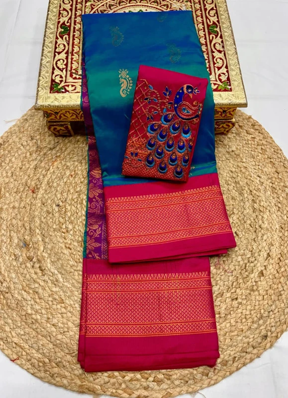 Turquoise & Pink Semi Silk Paithani saree with peacock embroidery blouse and traditional border