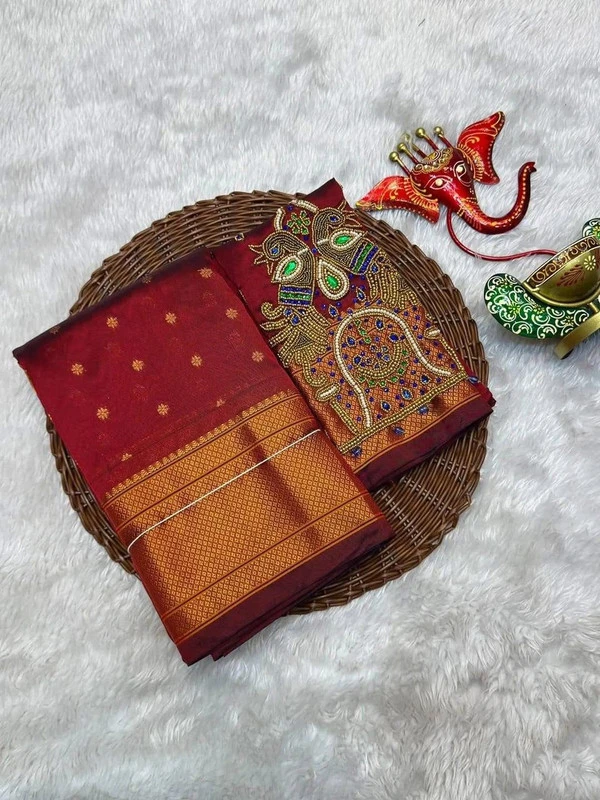 Heritage Marron Self Semi Silk Paithani Saree with Peacock Embroidery Designer Blouse
