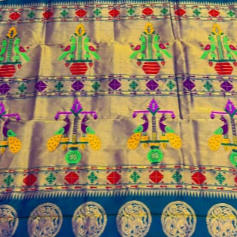 Dark Green Self Border Paithani Pure Silk Saree with Meena Butta weaving and traditional zari border
