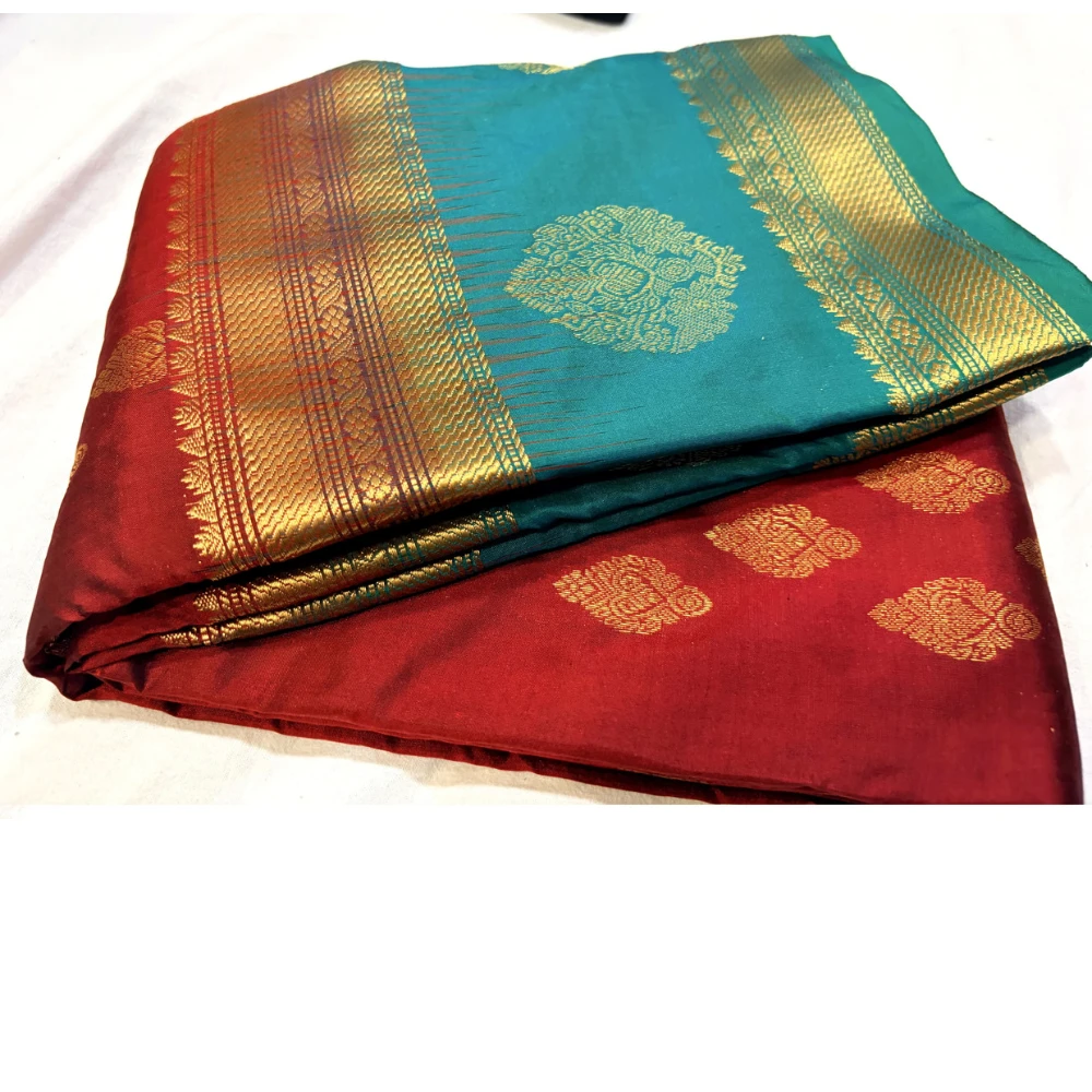 Exclusive Kanchipuram Pure Silk Saree with Pure Silk Blouse - Teal & Maroon