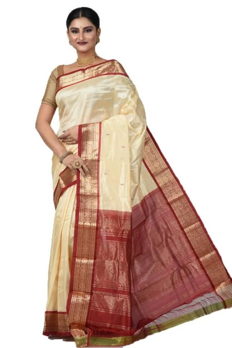 Kanchipuram Pure Silk Saree in Cream with Red Contrast for Durga Pooja