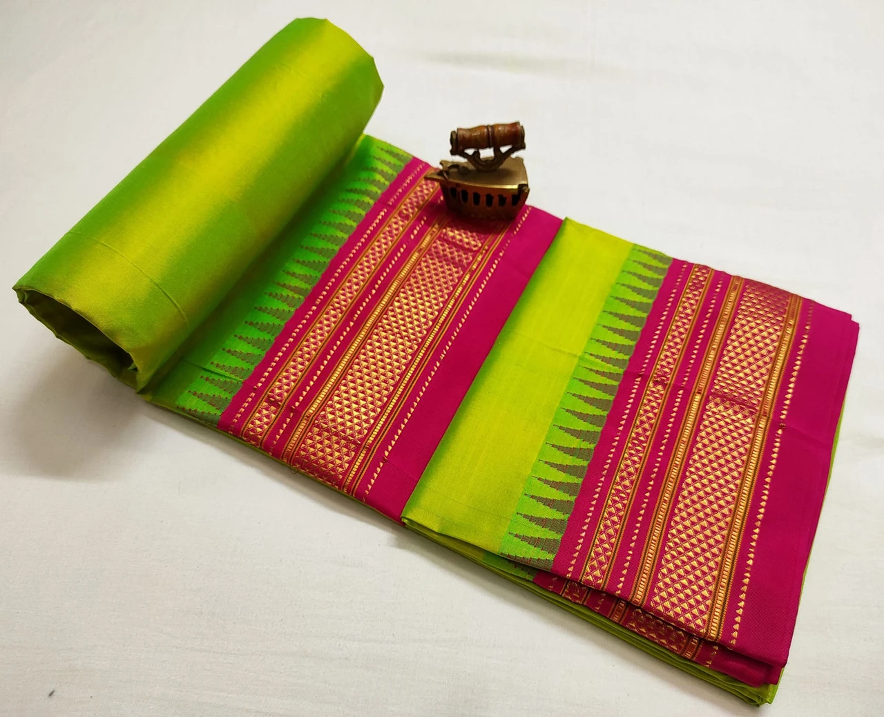 Lime Green Ilkaal plain pure saree with pink contrast zari border traditional handloom design