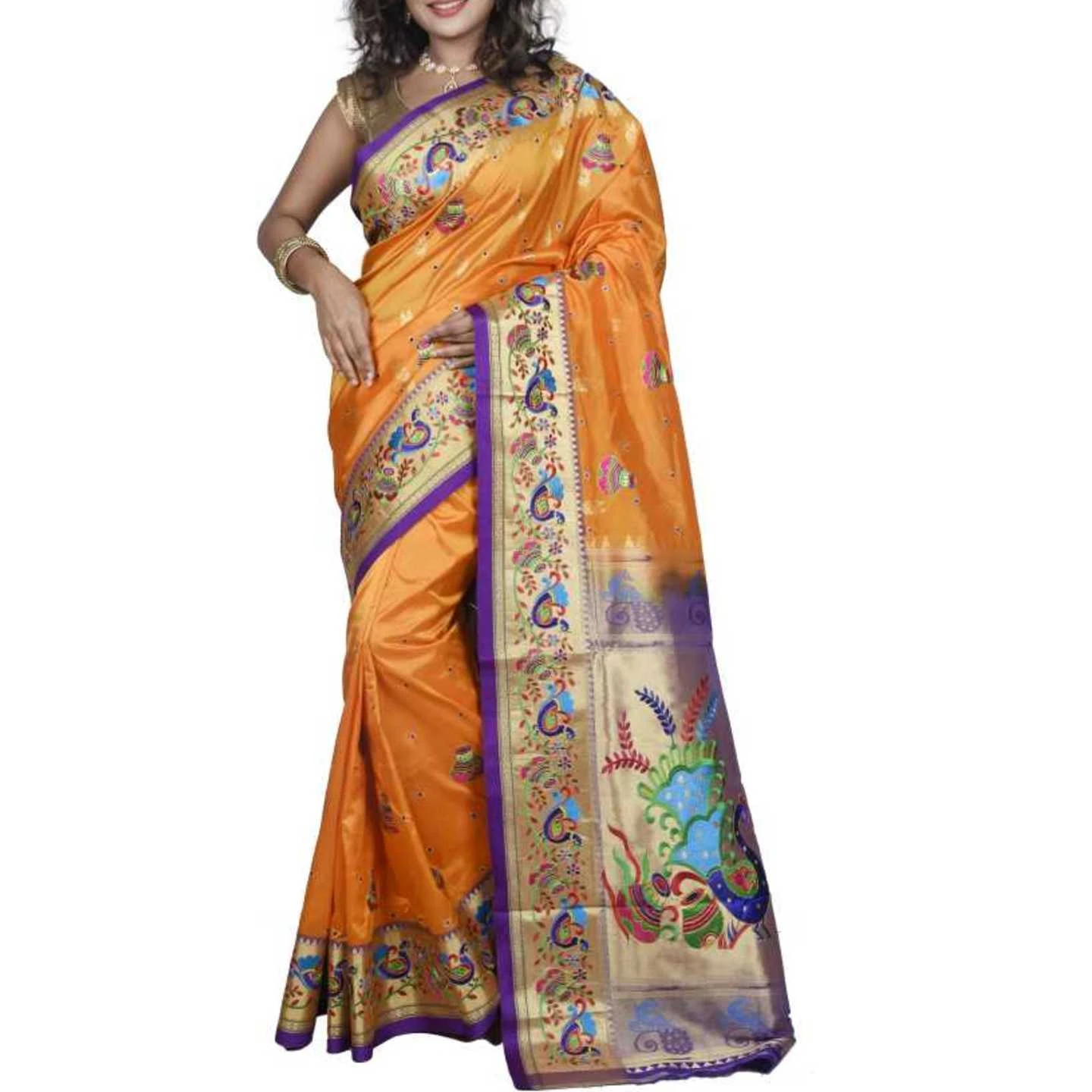 Orange and Purple Allover Embroidery Fancy Paithani Art Silk Saree