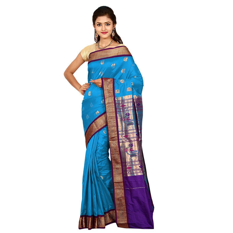 Paithani Pure Silk Anandha Blue with Violet Border Meena Butta  Saree with Silk Mark