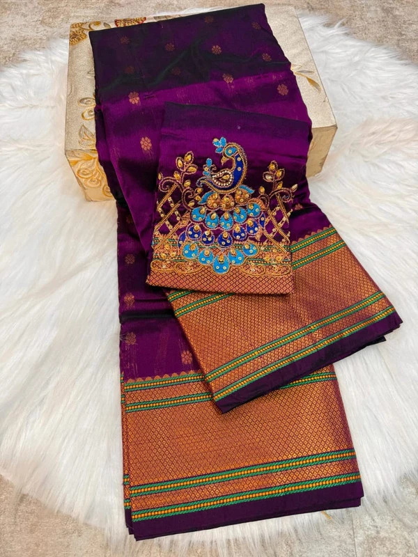 Heritage Magenta Self Semi Silk Paithani Saree with Peacock Embroidery Designer Blouse