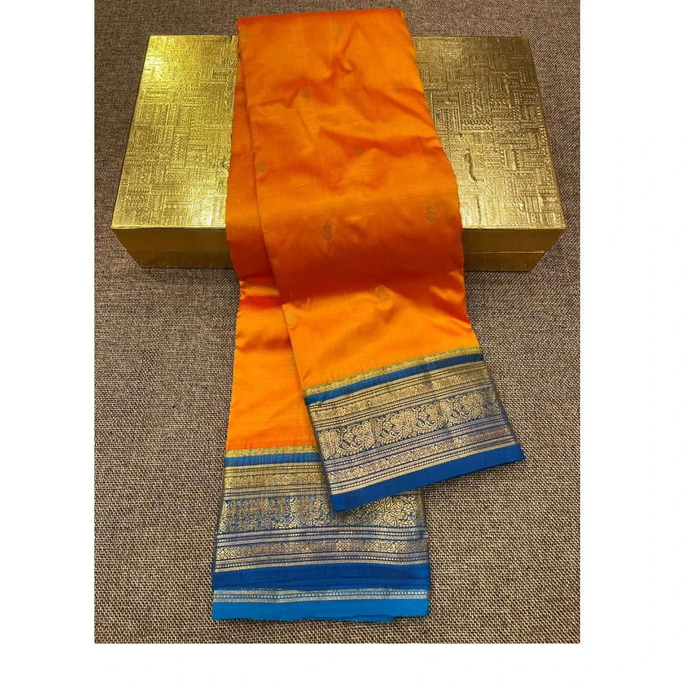 Kanchipuram Pure Silk Saree In Orange with Ananda border
