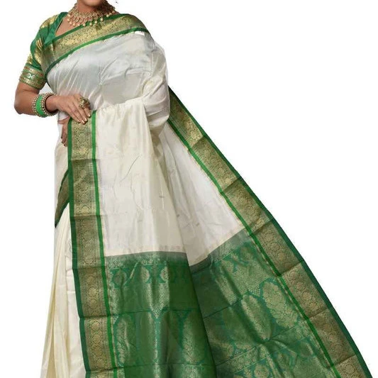 White and Green Contrast Traditional Kanchipuram Pure Silk Saree