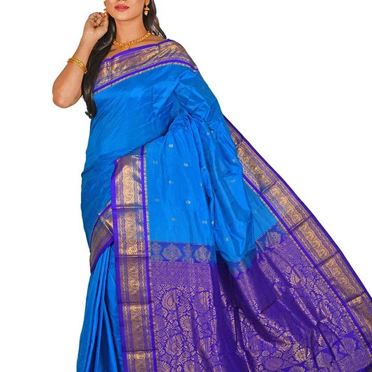 Traditional Arangetram Kanchipuram Pure Silk Saree in Anandha Blue with Voilet Contrast 