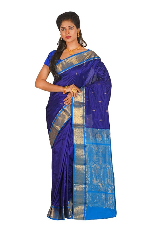Nine Yards Kanchipuram Pure Silk Saree in Royal Blue with Anandha Blue Contrast