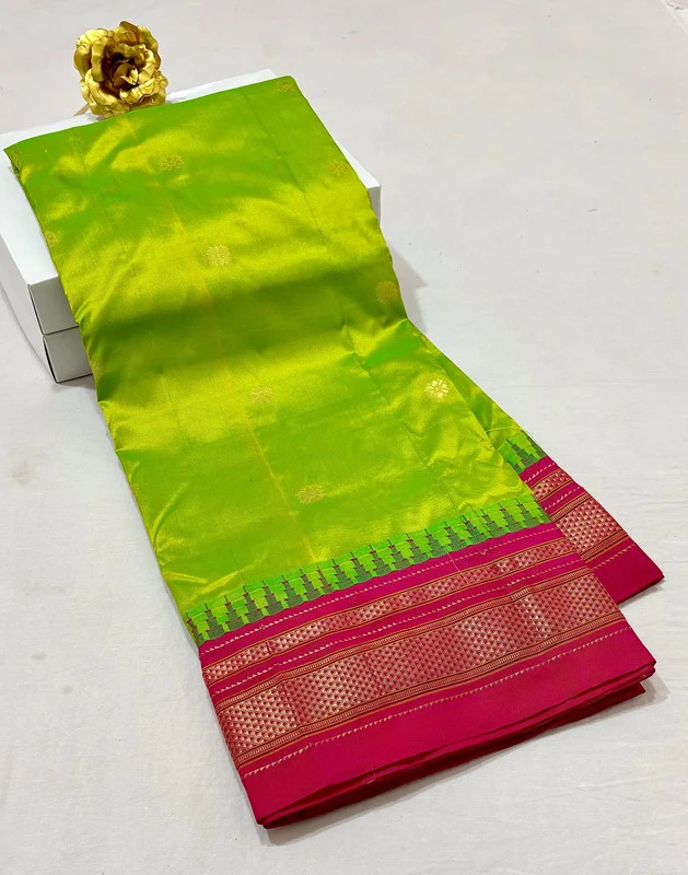 Parrot Green pure Ilkaal Butta saree with Pink zari contrast border and traditional gold motifs