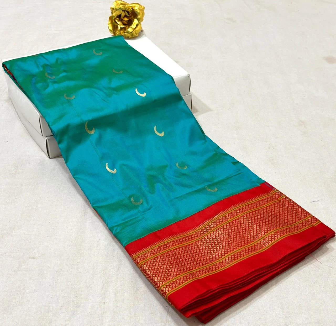 Teal Blue with Red Border Paithani Pure Silk Saree with Meena Butta weaving and traditional zari border