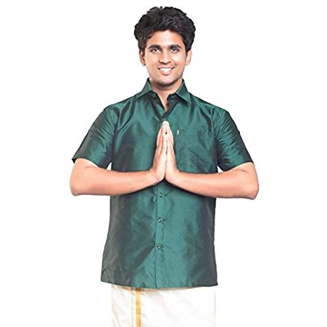 Leaf Green Dupion Silk Half Slevees Shirt