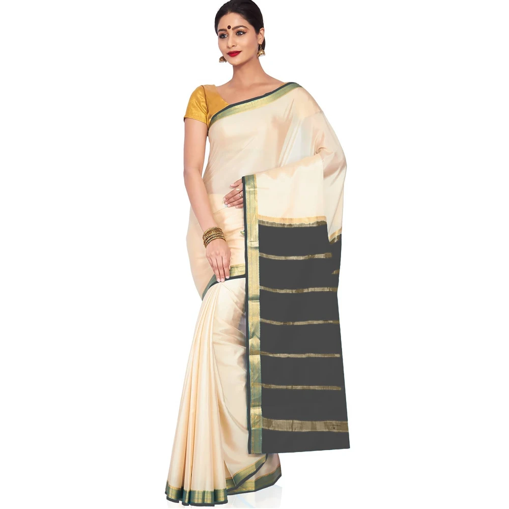 Tussar Cream with Cement Grey  Contrast Onam Special Pure Mysore Silk Handwoven saree