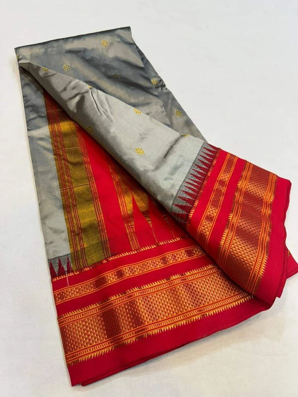 Metallic Grey and Red  Border - Traditional Handwoven Ilkaal Butta Saree