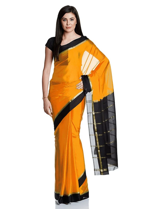 Bold Pure Mysore Silk Saree in Bright Orange with Black and Gold Zari Border