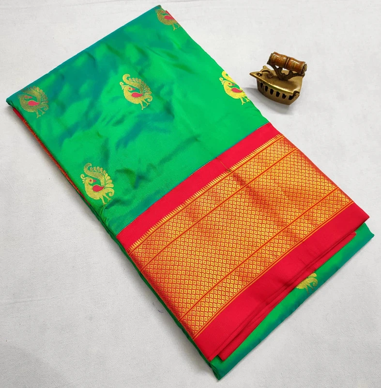 Green Pure Silk Paithani Saree featuring luxurious silk fabric, rich zari woven borders, elegant traditional motifs