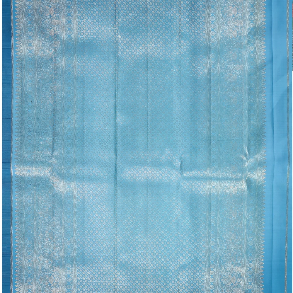Sky Blue with Silver Gold Fusion Kanchipuram Pure Silk Handloom Saree Silk Mark with Blouse - FabFashionz