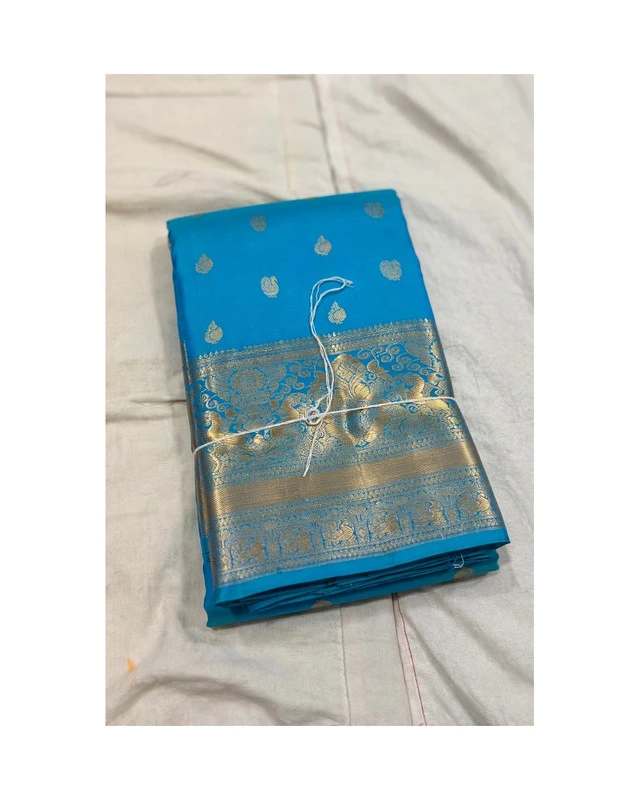 Sky Blue with Silver Gold Fusion Kanchipuram Pure Silk Handloom Saree Silk Mark with Blouse - FabFashionz