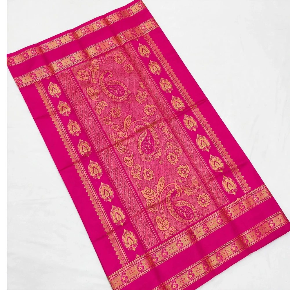 Lime-green silk saree with Rani Bentex border and gold paisley accents.