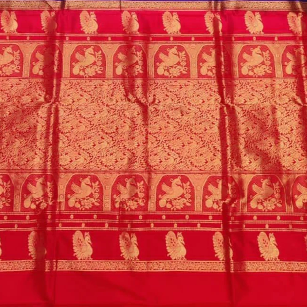 Black with Red Contrast Gadwal traditional silk saree with zari border for festive and wedding occasions