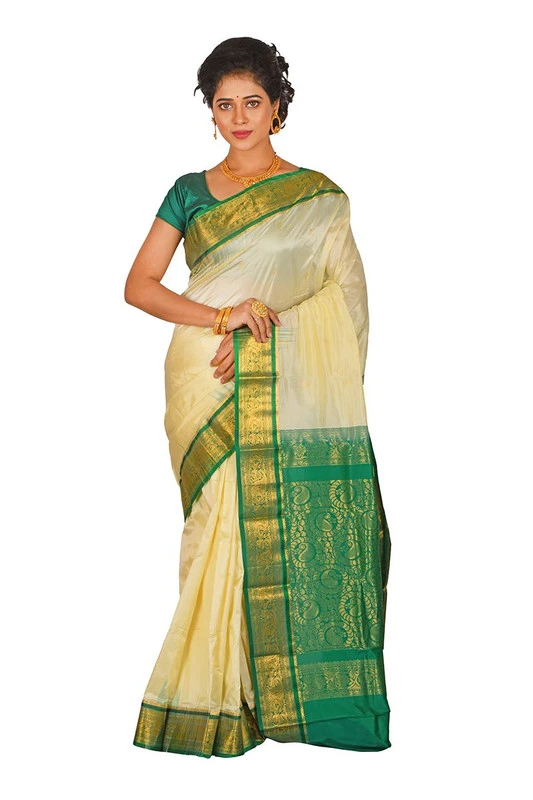 Kanchipuram Pure Silk Saree in Cream with Green Contrast for Durga Pooja