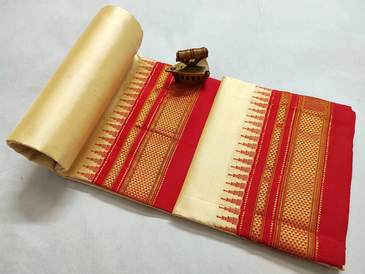 Cream Ilkaal plain pure saree with red contrast zari border traditional handloom design