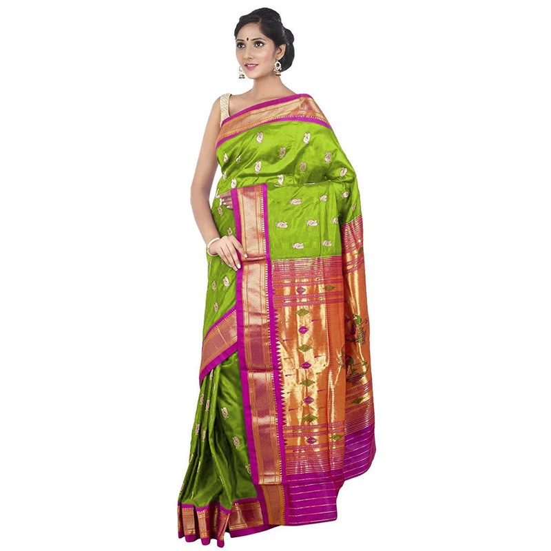 Paithani Pure Silk Olive Green and Magenta Border Meena Butta Saree with Silk Mark