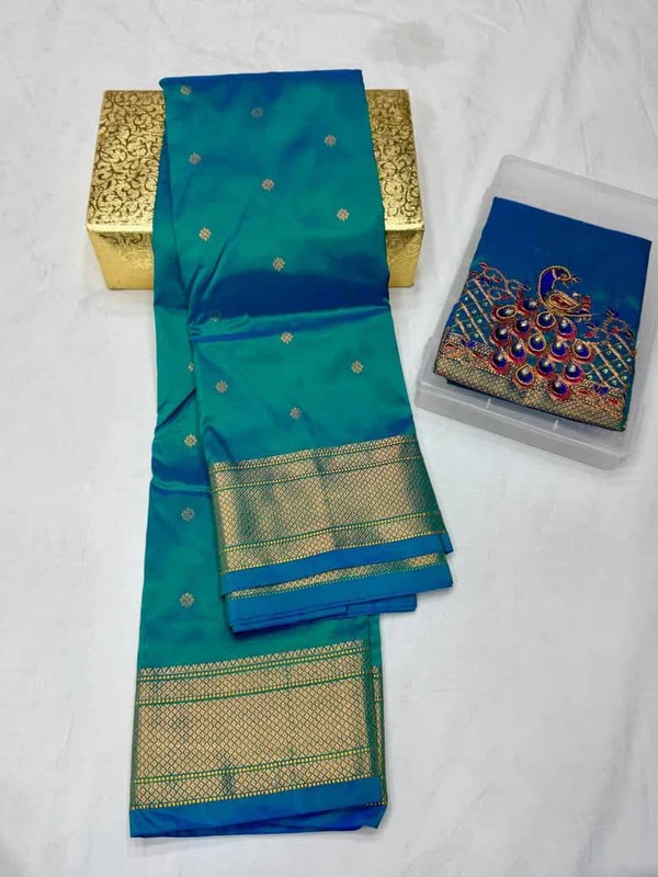 Premium Peacock Teal Semi Silk Paithani Saree with Peacock Embroidery Blouse