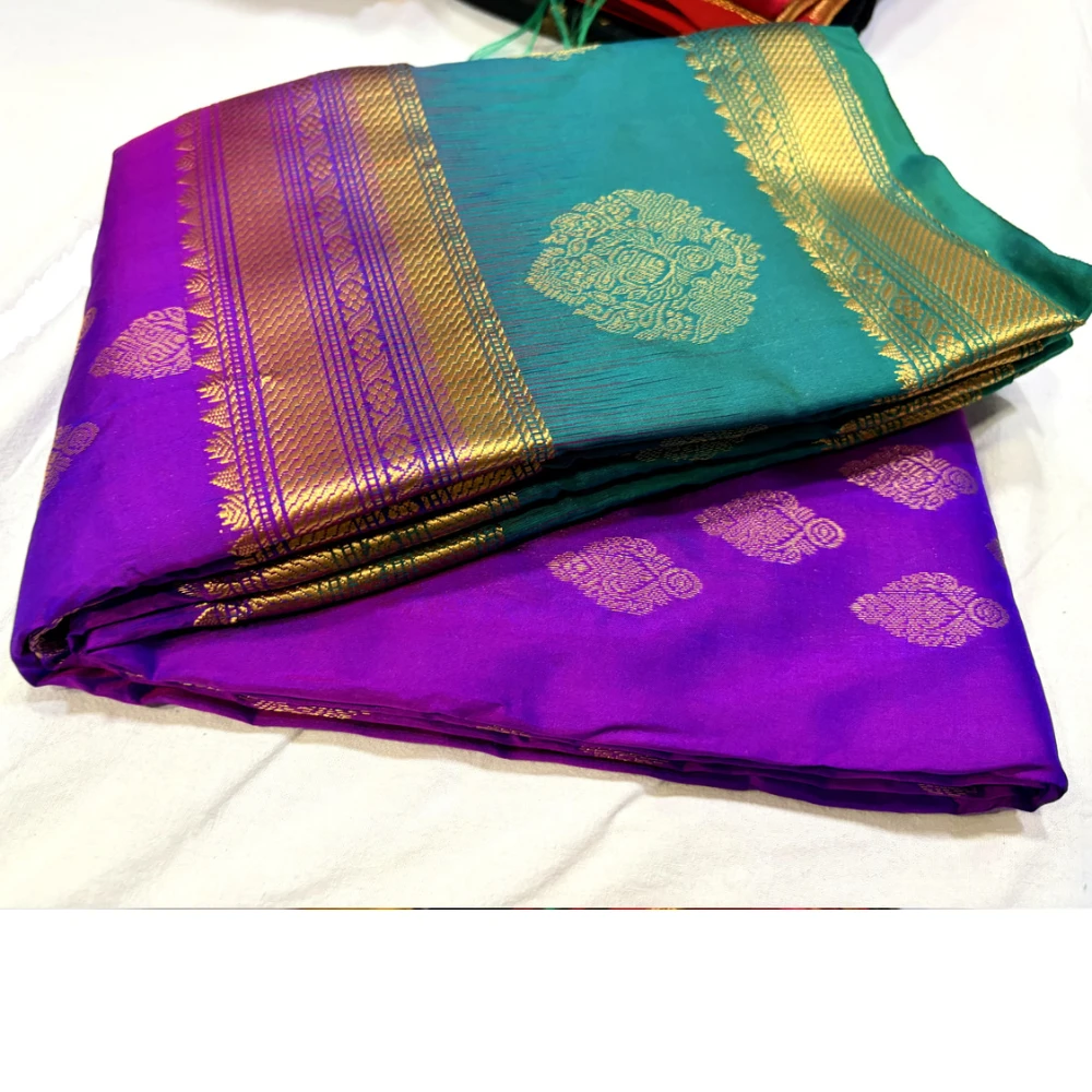 Exclusive Kanchipuram Pure Silk Saree with Pure Silk Blouse - Teal & Purple