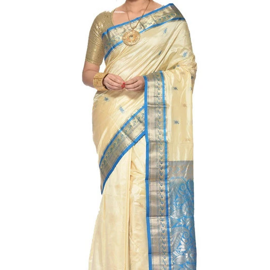 Traditional Kanchipuram Pure Silk Saree in Off White with Anandha Blue Contrast 