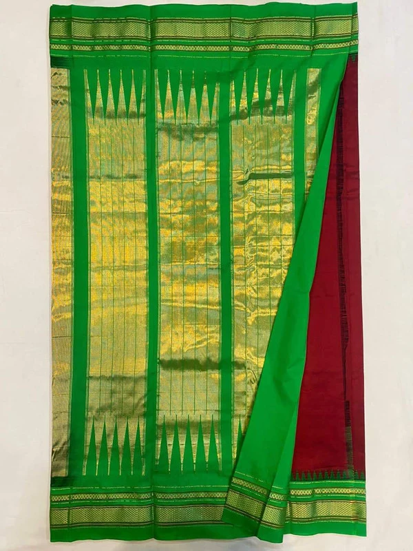 Red and Green Border - Traditional Handwoven Ilkaal Saree