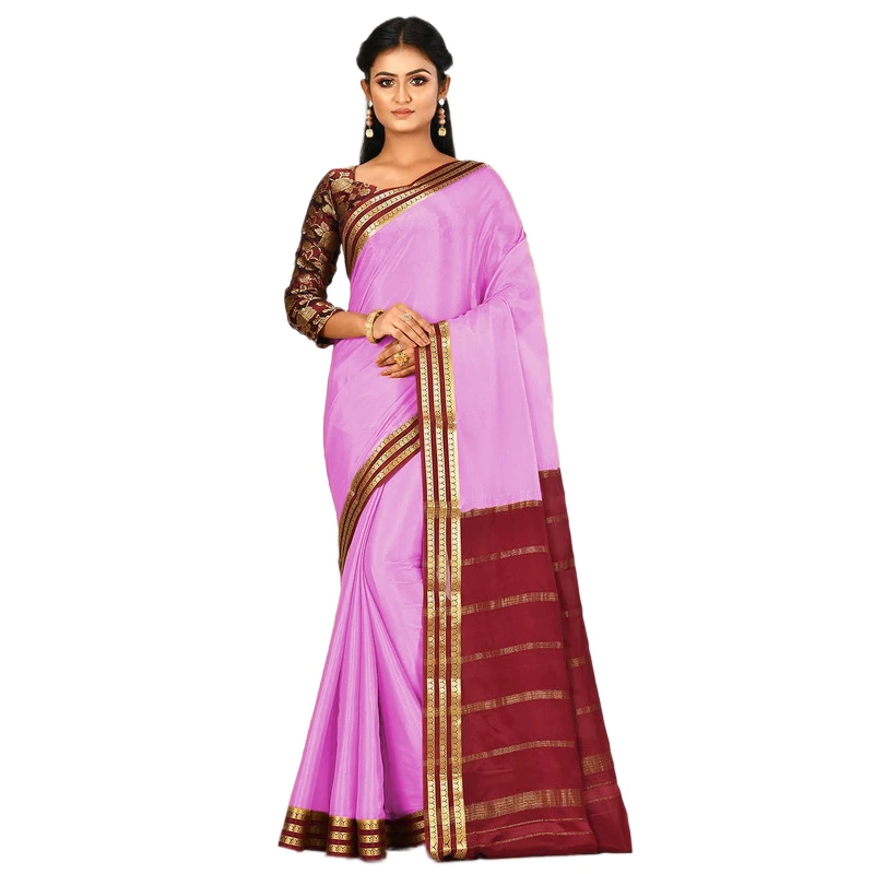 Baby Pink and Marron Contrast  Three Lines Border Pure Mysore Silk Saree with silk Mark